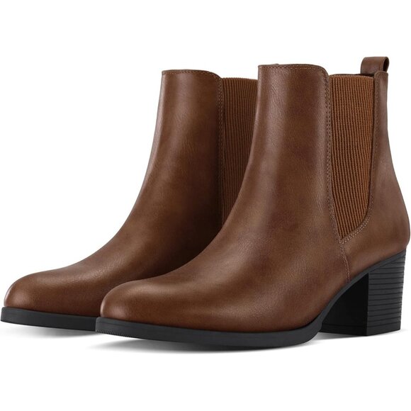 Women's Brown PU Chelsea Boots Chunky Block Heel Slip On Ankle Boot with Elastic - Picture 6 of 8